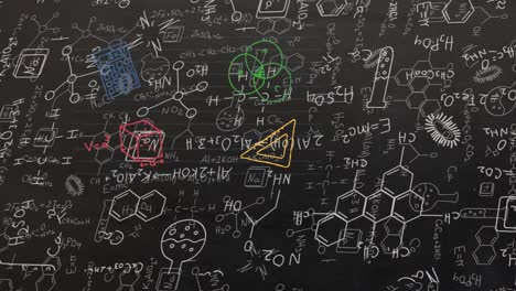animación de moléculas e iconos de química con iconos de artículos escolares en fondo negro