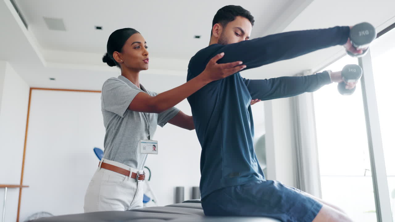 fisioterapeuta, ayuda y pesas para el hombre