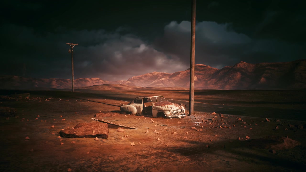Film frame capturing historical artifacts amidst shattered ground