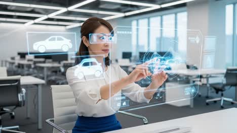 a professional woman engages with advanced holographic technology in a modern office environment, showcasing futuristic interfaces and data visualization