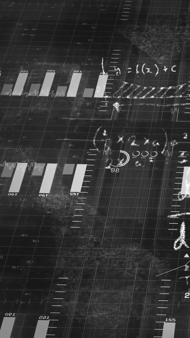 Vertical video: Grid appearing, bar charts panning and tiling, chalk equations annotating trends