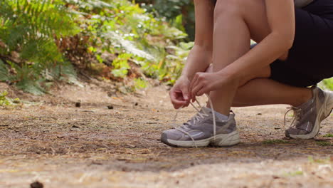 close up de una mujer atando cordones en un zapato de entrenamiento antes de ejercitarse corriendo a lo largo de una pista a través del bosque