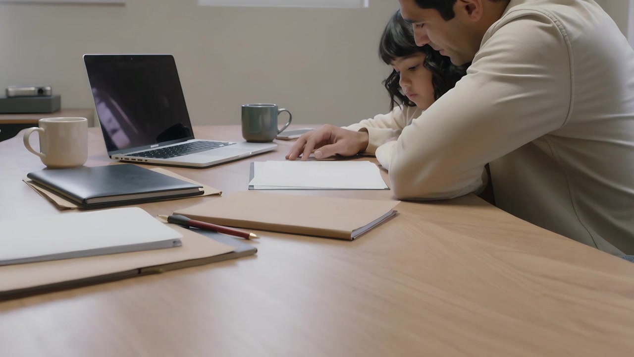 Placing hand near notebook, leaning adult male guiding child with laptop in home office, copy space