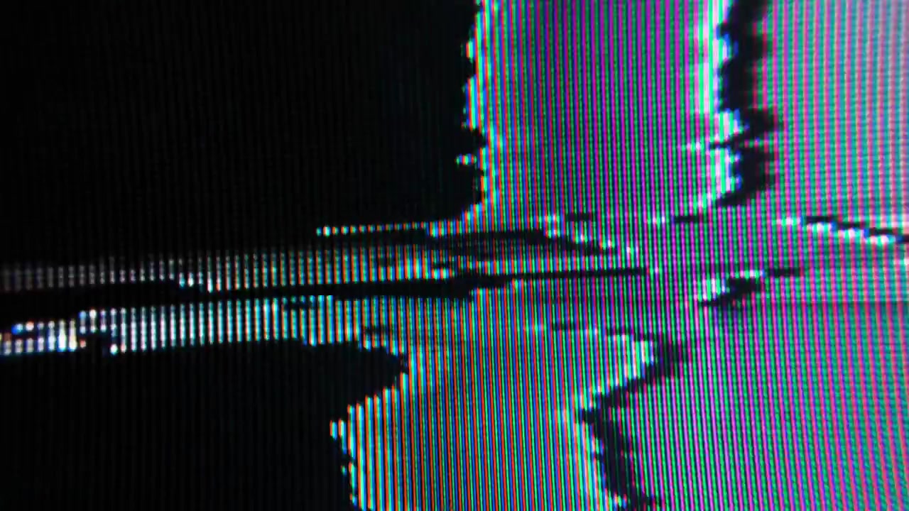 black and white CRT pixel glitch with minimal analog signal distortion, macro close-up of vintage screen.