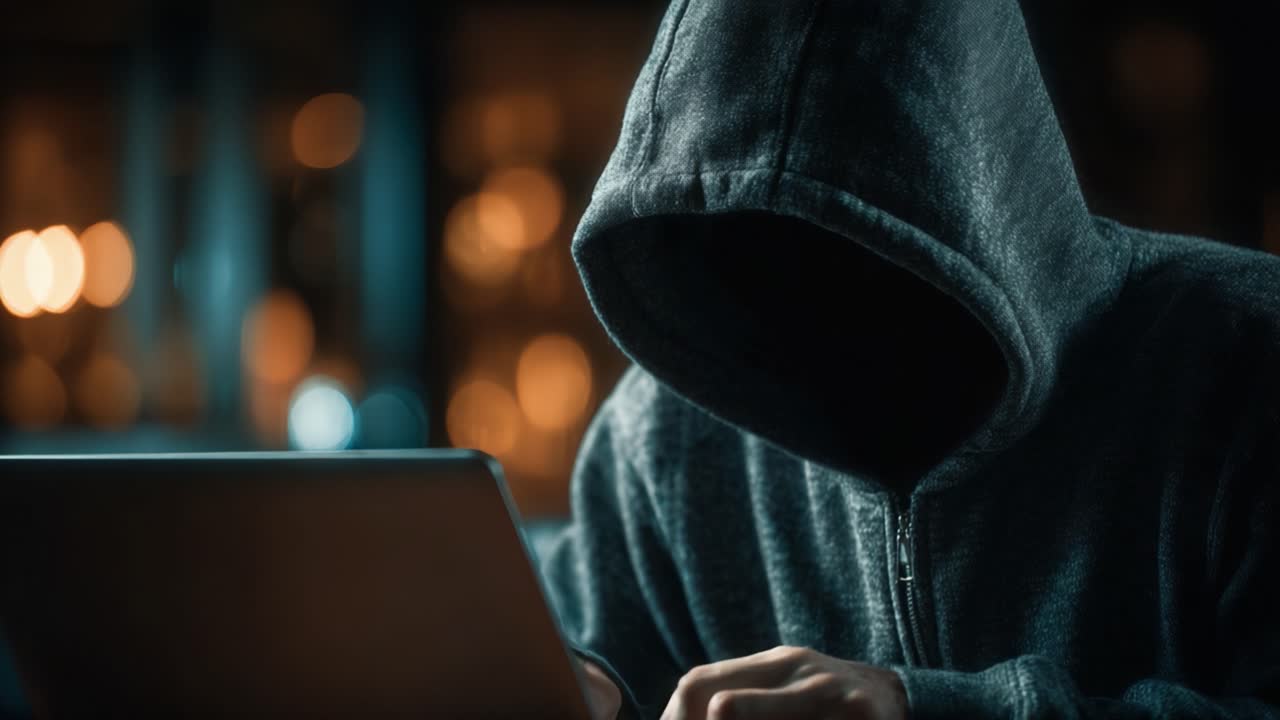 Una figura misteriosa con felpa con cappuccio impegnata in attività segrete su un laptop con luci di sfondo sfocate, evocando un senso di intrigo e suspense in un ambiente digitale.