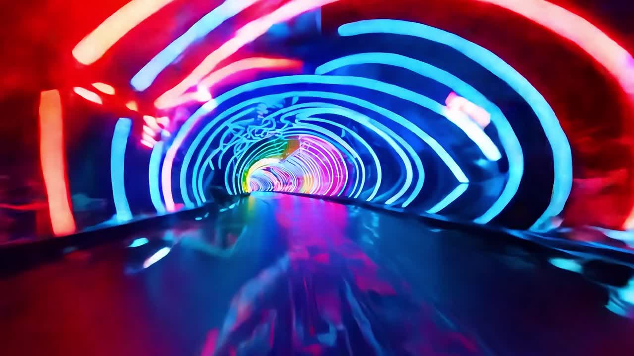 un túnel con luces de neón, un visual abstracto y psicodélico