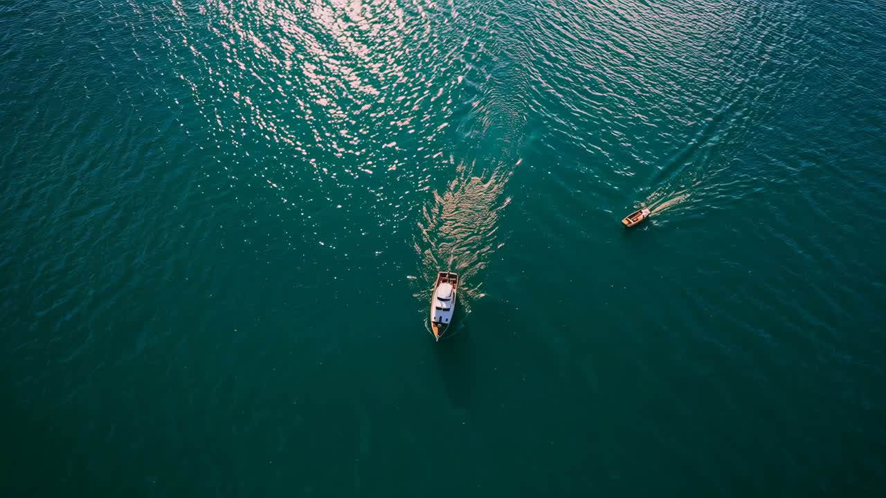 Drone che riprende un motoscafo di medie dimensioni che si allontana lasciando una scia attraverso la baia con una piccola barca che si dirige verso il largo