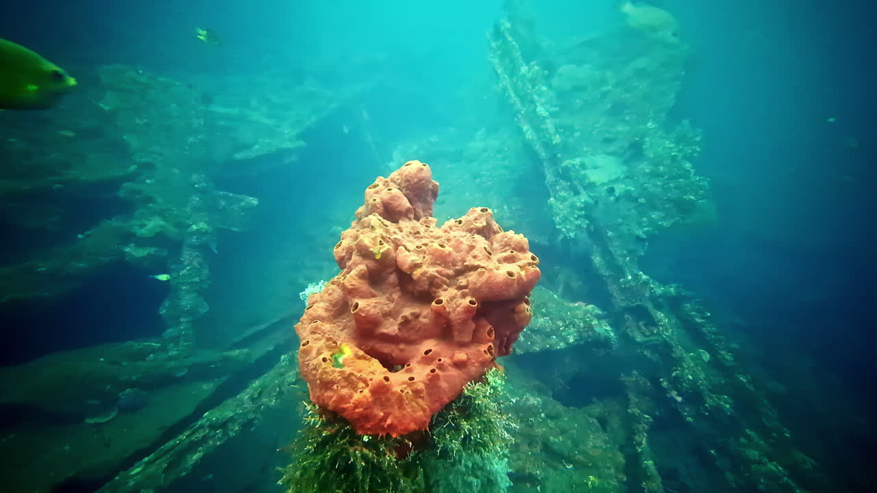 Spugna arancione che cresce sul relitto della USAT Liberty a Bali, Indonesia, con la struttura del relitto sottomarino che sfuma nell'acqua blu presso il sito di immersione di Tulamben.