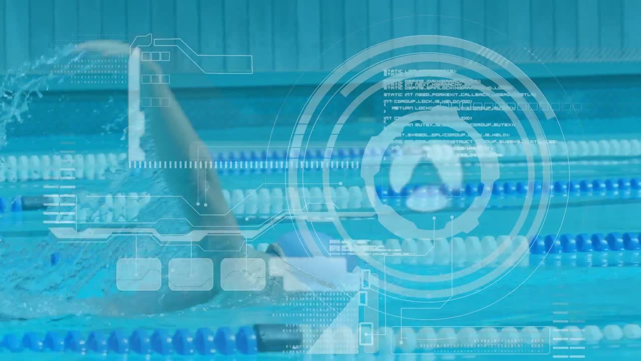 수영장에서 수영하는 남성 수영 선수에 대한 데이터 처리와 디지털 인터페이스