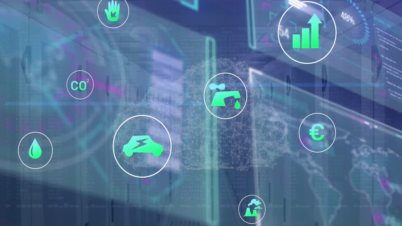 Animation of interface with data processing and multiple digital icons against computer server room