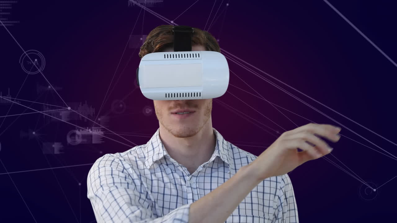 animazione di una rete di connessioni con un uomo d'affari che indossa un auricolare vr sullo sfondo