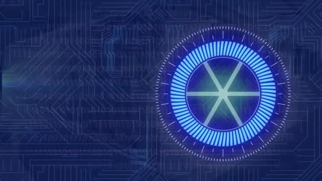 Animation-of-neon-round-scanner-spinning-over-microprocessor-connections-and-binary-coding