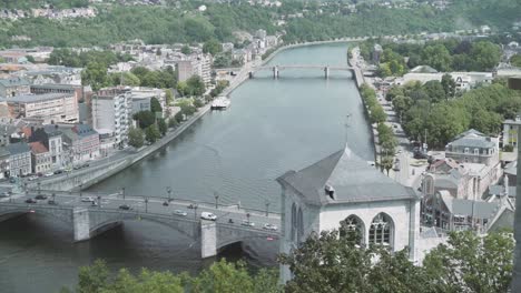 View-on-Pont-Roi-Baudouin-with-traffic,-Huy,-Hoei,-Belgium,-Europe,-4K,-25fps