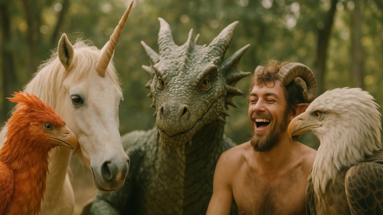 Man with Horns Laughing with Mythical Creatures in Forest
