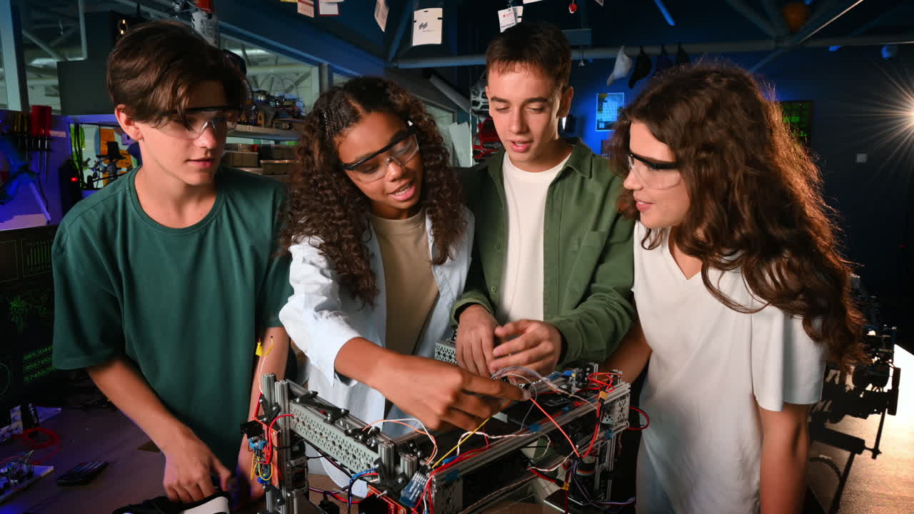 Group of young people doing experiments in robotics in a laboratory. Robot on the table
