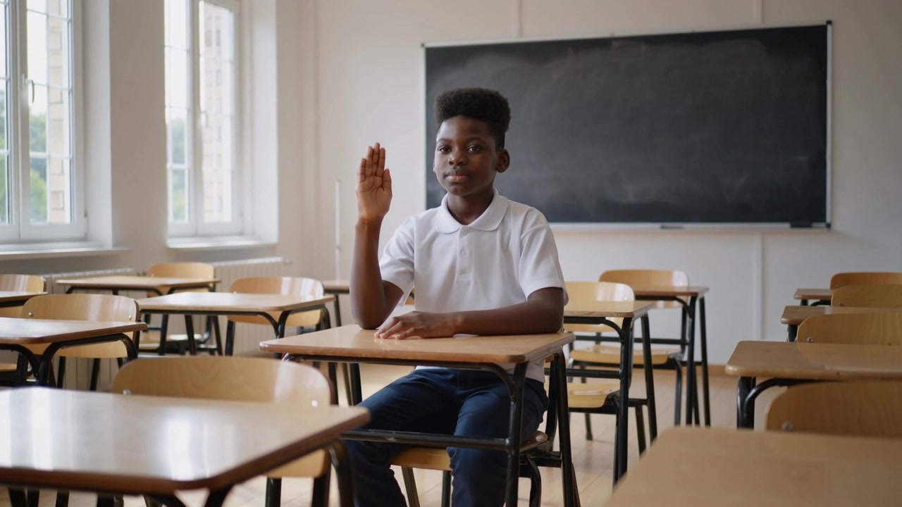 Raising hand student in white polo signaling teacher at front of class, chalkboard and windows