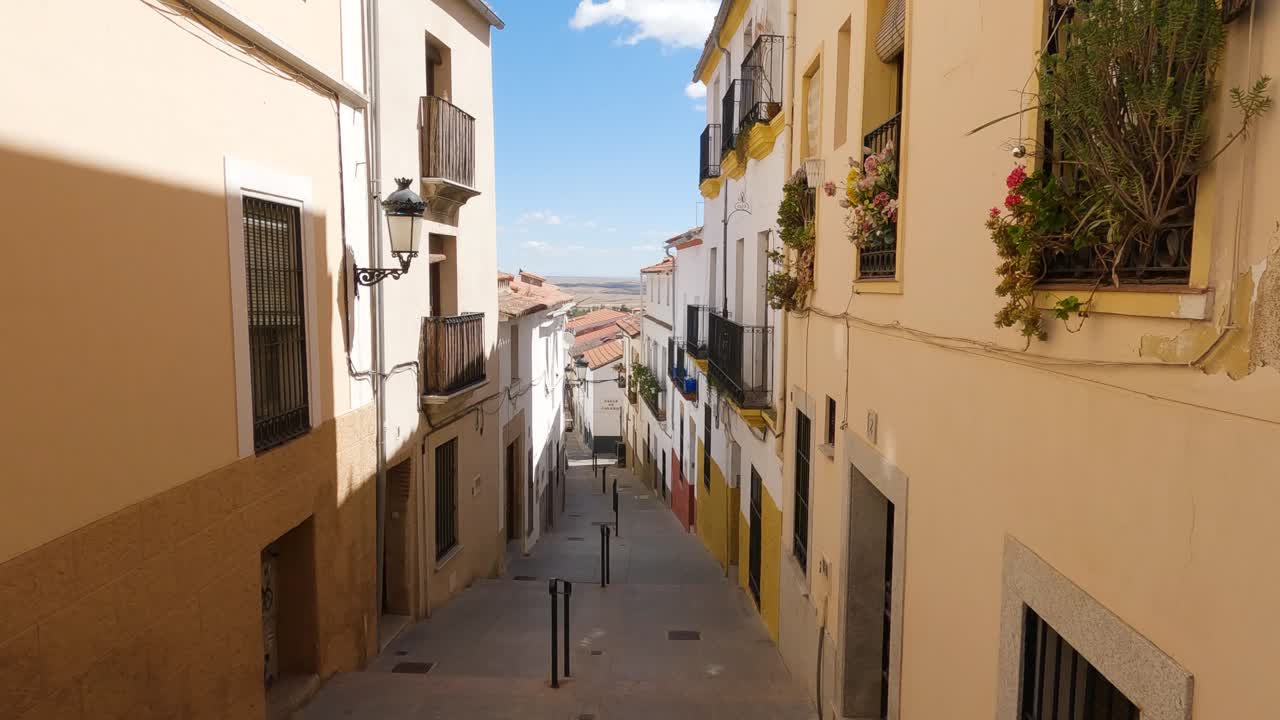 Gadebillede fra Cáceres Gamle Bydel med traditionelle spanske bygninger og planter.