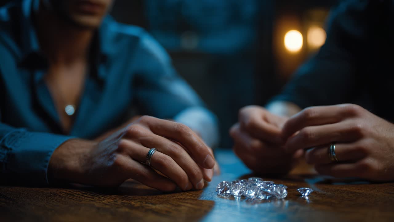 Two individuals focused on a table adorned with sparkling crystals, their hands poised as they engage in conversation, revealing a moment of anticipation and intrigue