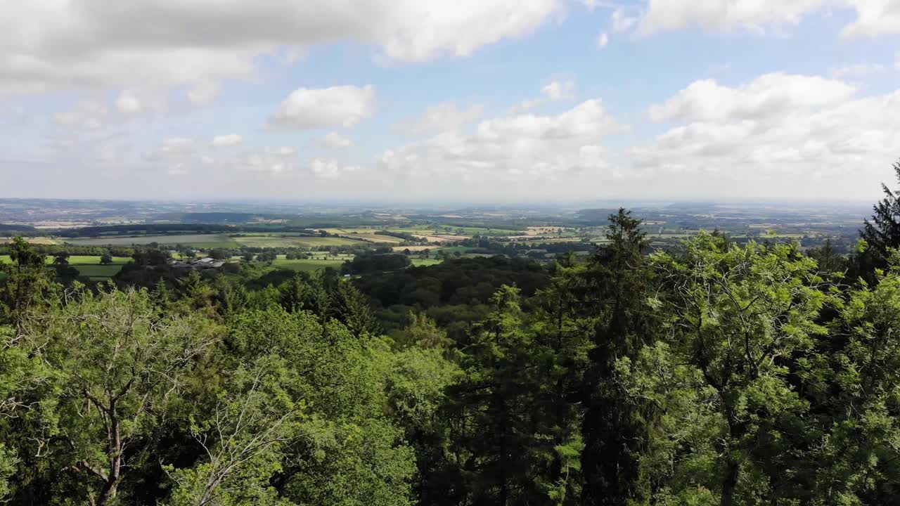 Aerial view of a lush green forest in the British countryside, revealing a picturesque landscape of rolling hills and fields under a cloudy sky