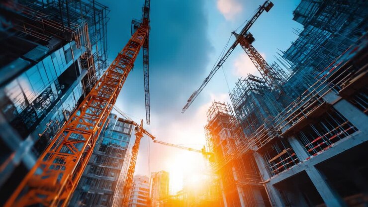A Captivating Transformation: The Dynamic Process of Urban Construction at Dusk Captured in Two Striking Frames Showcasing Cranes and Structural Development