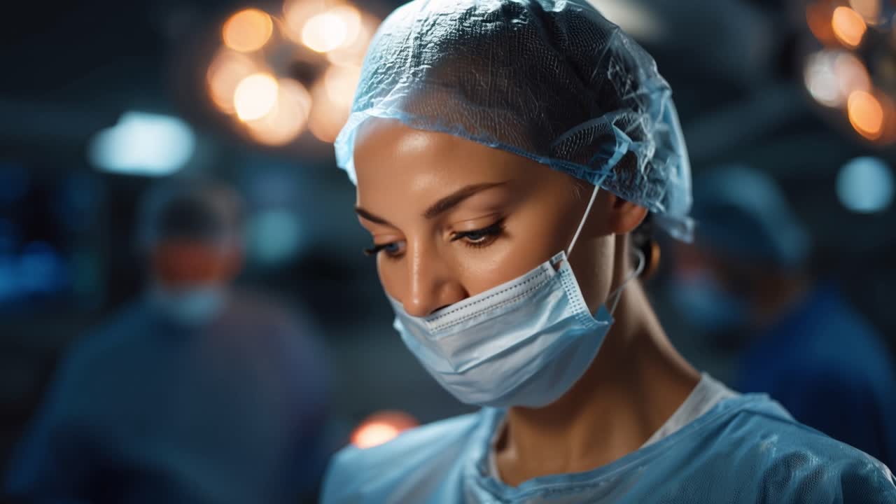 Un chirurgo in camice blu guarda intensamente. Le cuffie pendono vicino alle sue orecchie. Una luce soffusa le illumina il viso. La concentrazione è massima sul compito da svolgere. La squadra lavora dietro di lei. Dramma medico in una stanza sterile.