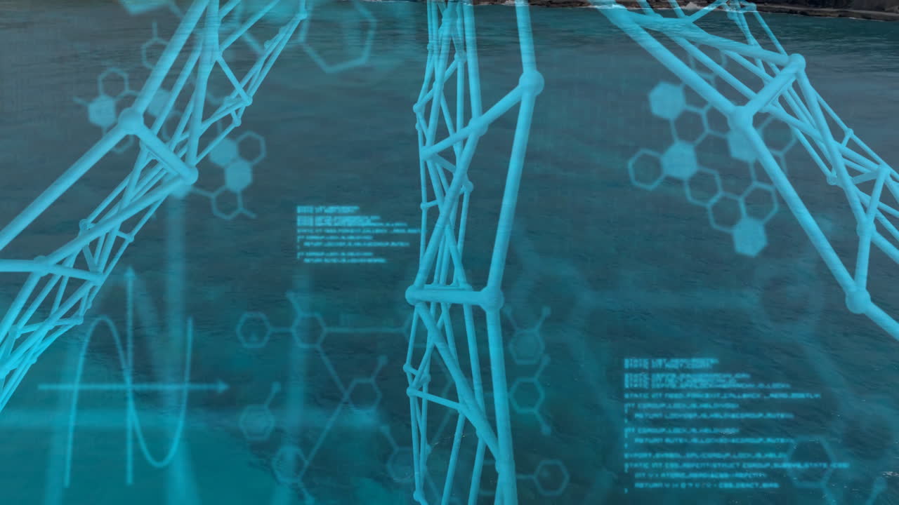 3D molecular lattice beams floating over rippling water with hexagonal motifs and sine graph