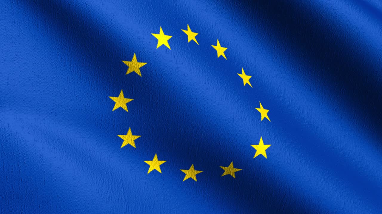 Seamless Loop 4K VDO. The flag of Europe. The European Union or EU on blue background. Symbol of nations. 3D rendering illustration of waving sign.