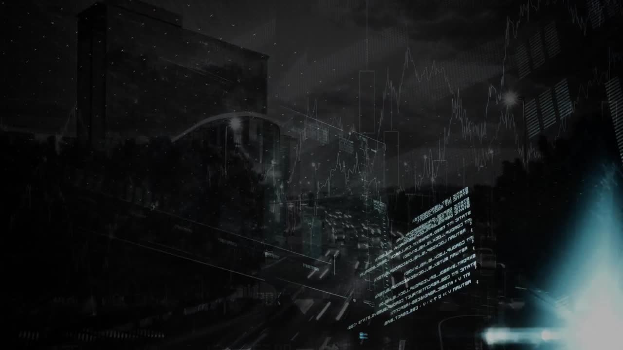 animación del procesamiento de datos y globo sobre el paisaje urbano