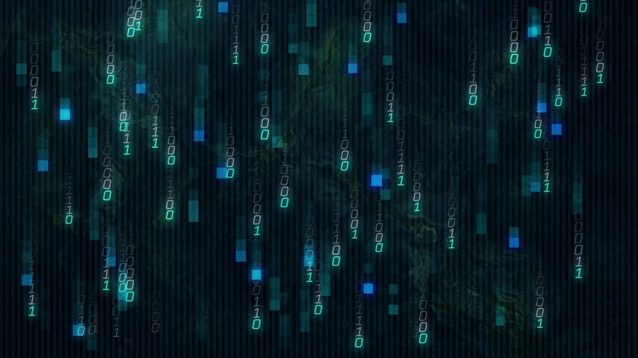 Animation of binary code and blue squares cascading over digital matrix background