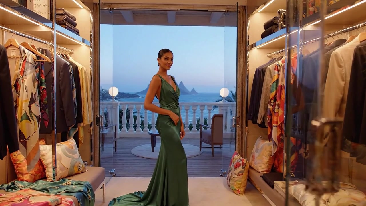 Una donna mozzafiato in un elegante abito verde posa con sicurezza in una lussuosa cabina armadio, con una vista mozzafiato sull'oceano visibile attraverso le porte a vetri.