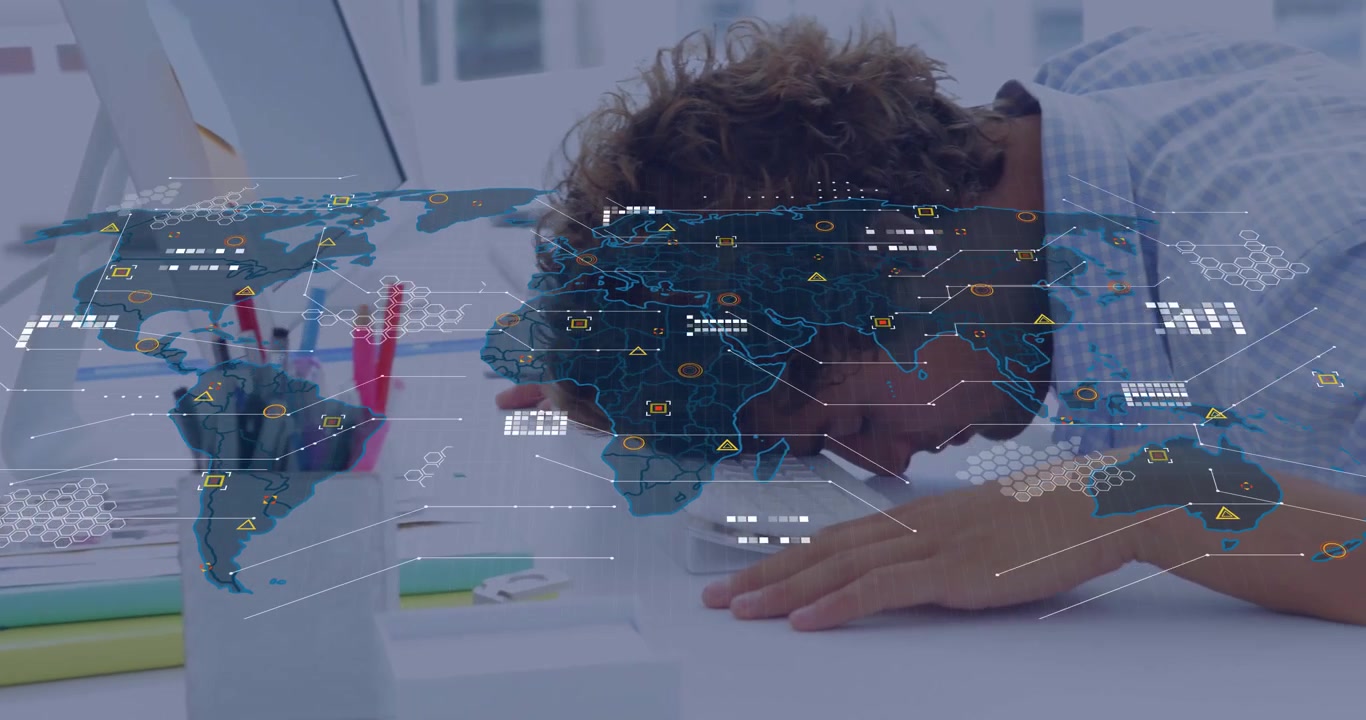 Tech worker reaching keys and initiating global data overlays while slumping under digital overload