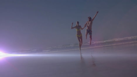 running on beach, couple with colorful animation in background, feeling joyful