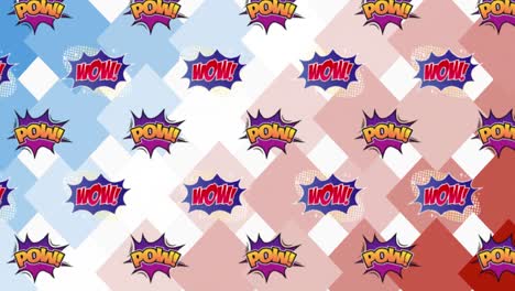 Animation-of-pow-and-wow-text-on-retro-speech-bubbles-over-patterned-background