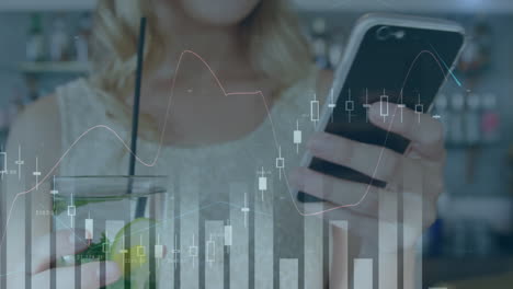 animación del procesamiento de datos financieros sobre una mujer de negocios caucásica que usa un teléfono inteligente