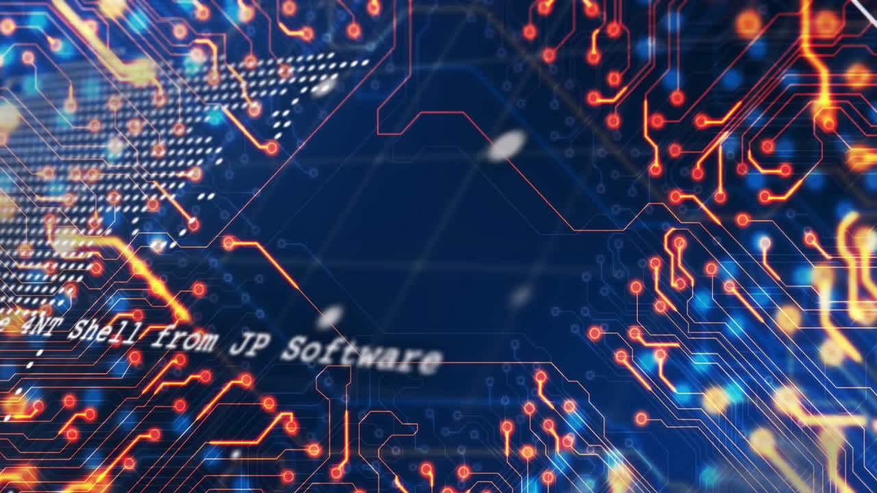 검은색 배경에 세계 지도와 함께 데이터 처리에 대한 컴퓨터 회로 보드의 애니메이션