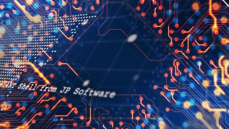 Animation of computer circuit board over data processing with world map on black background