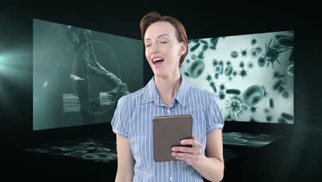 animación de una mujer de negocios que usa una tableta sobre pantallas con procesamiento de datos médicos