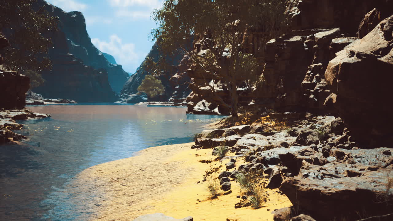 Breathtaking riverbank view with rocky cliffs and sunlight in serene landscape