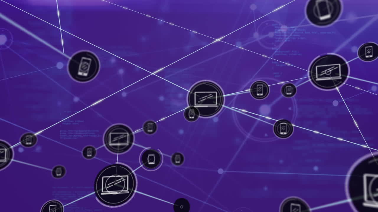 animación de la red de iconos digitales y procesamiento de datos contra un fondo púrpura.