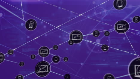 animación de la red de iconos digitales y procesamiento de datos contra un fondo púrpura.