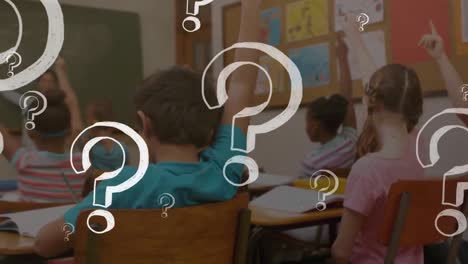 Animation-of-question-marks-over-diverse-schoolchildren-raising-hands