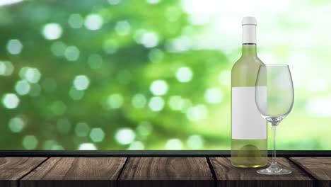 Animation-of-bottle-of-white-wine-over-background-with-green-blurred-background