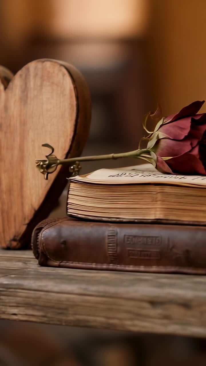 Video verticale: carrellata che rivela un cuore, libri, un barattolo e una rosa essiccata su una mensola di legno per decorazioni