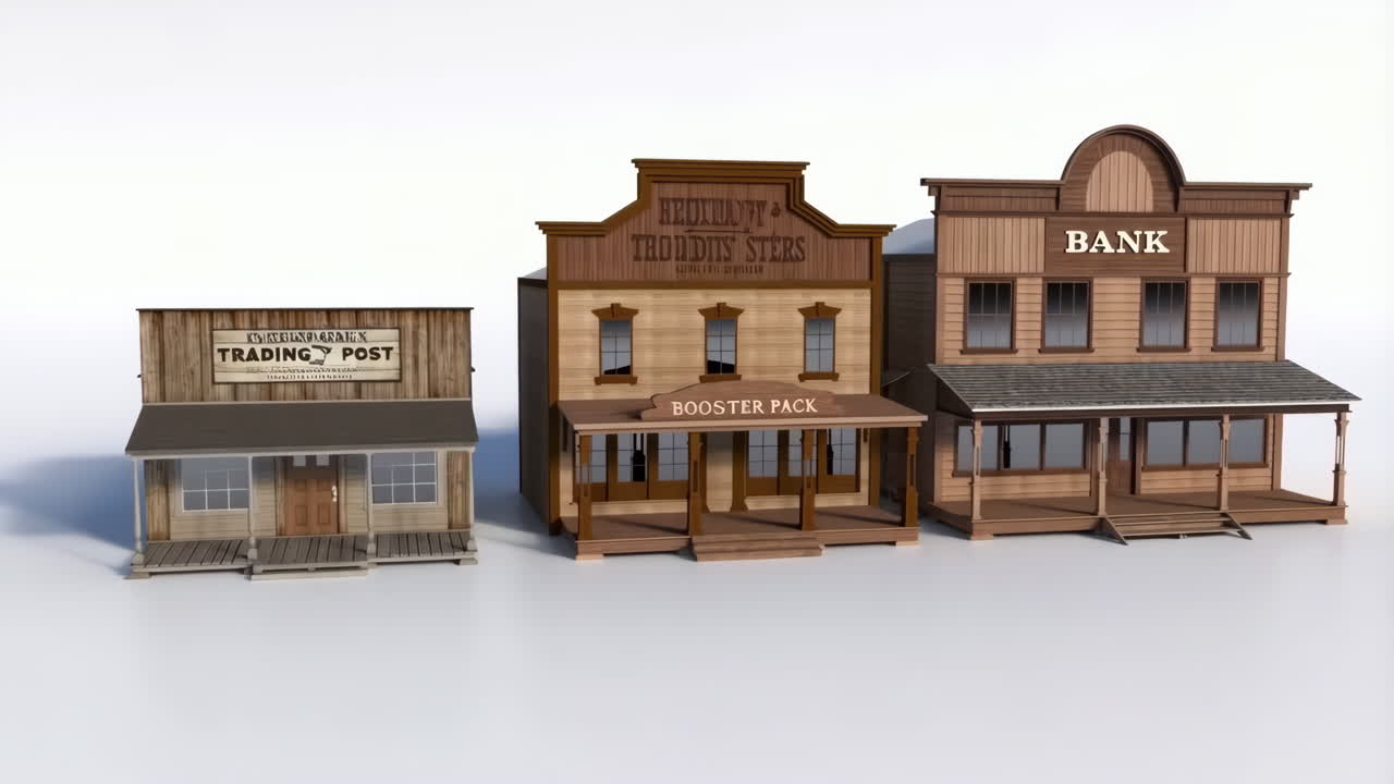 Three Old Western-Style Buildings: Trading Post, General Store, and Bank