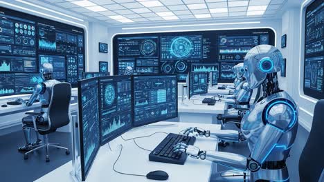 advanced robotic intelligence in a high-tech control room: an insight into the future of automation and artificial intelligence in command centers