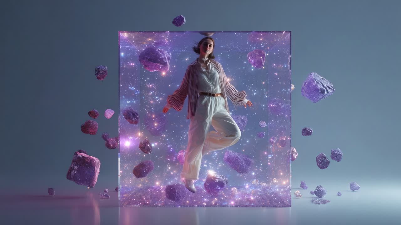 Woman in a Galactic Cube with Crystals