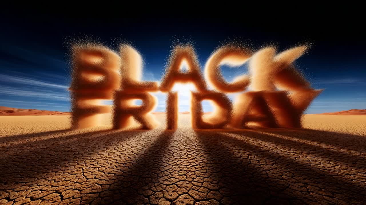 A dramatic depiction of a dust storm shaping the words 'Black Friday' against a cracked earth background, illustrating the intensity and urgency of seasonal shopping events