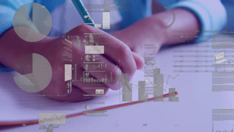 animation of graphs and trading board over midsection of biracial boy writing in notebook