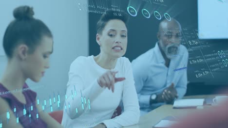 Animation of financial data and graphs over diverse businesswoman explaining to coworker in meeting