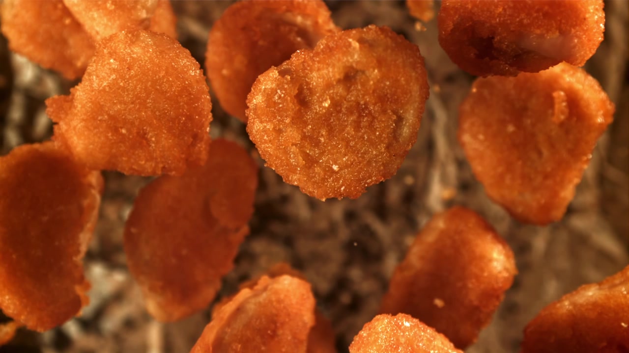 Nuggets di pollo dorati e croccanti che cadono al rallentatore